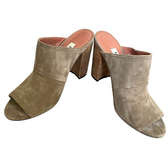 Bally Chiton Suede Cork Heeled Mules Fit Sz 6.5 Taupe Open Toe New w/ Small Flaw - Picture 6 of 12